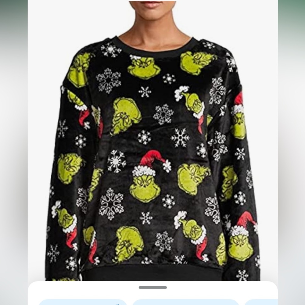 💚 Cozy Black Grinch Christmas Super Soft Velour Sweater Ladies SZ S Long Sleeves